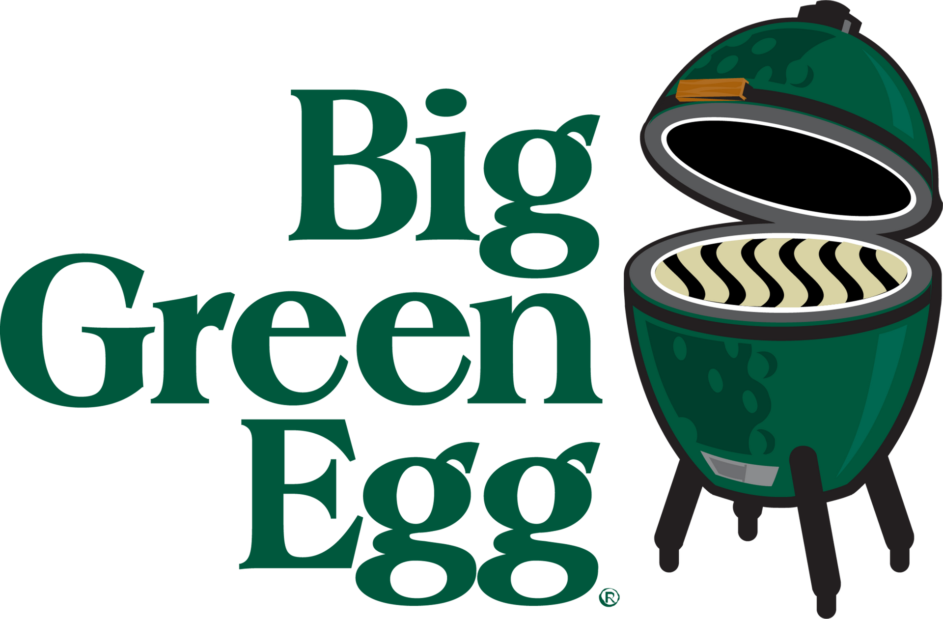 The logo for big green egg shows a green egg with the lid open.