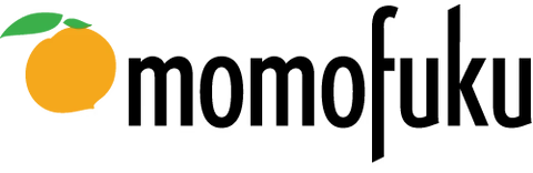 Momofuku logo: Orange fruit with green leaves next to the black word