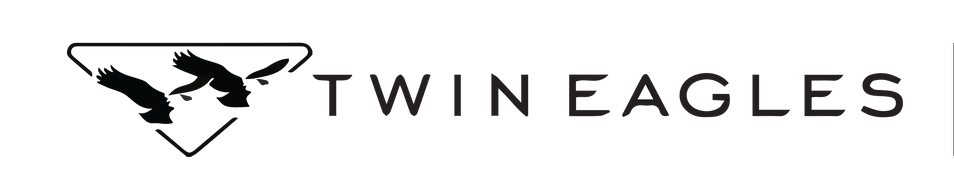 A black and white logo for twin eagles