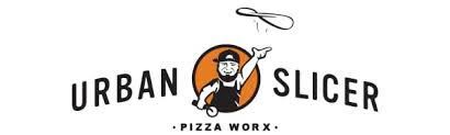 The logo for urban slicer pizza worx shows a man cutting a pizza with scissors.