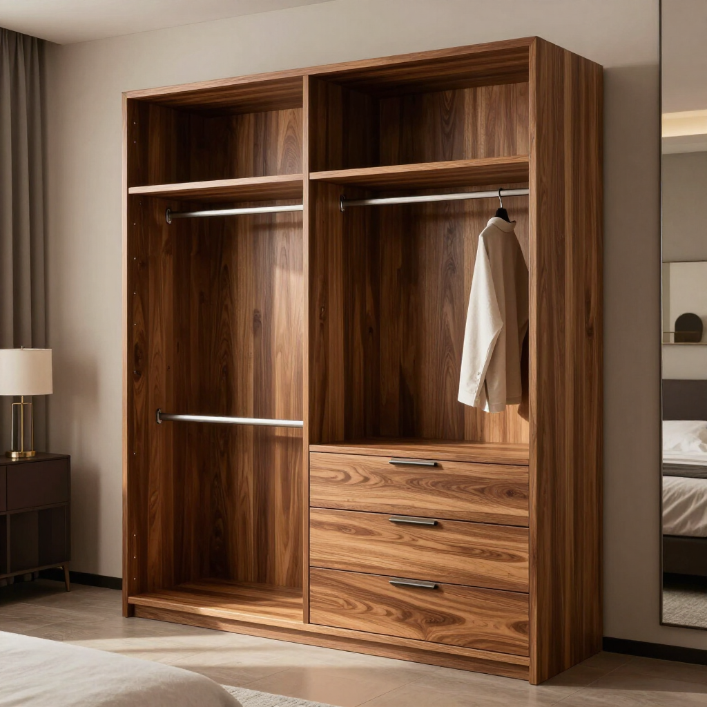 Armario abierto de madera con estantes, barra para colgar ropa y cajones en un dormitorio moderno.