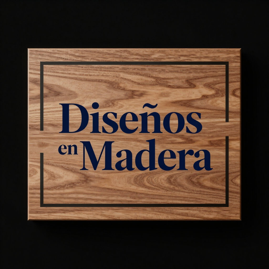 Logo de “Diseños en Madera” en azul sobre fondo de madera, enmarcado por líneas negras.