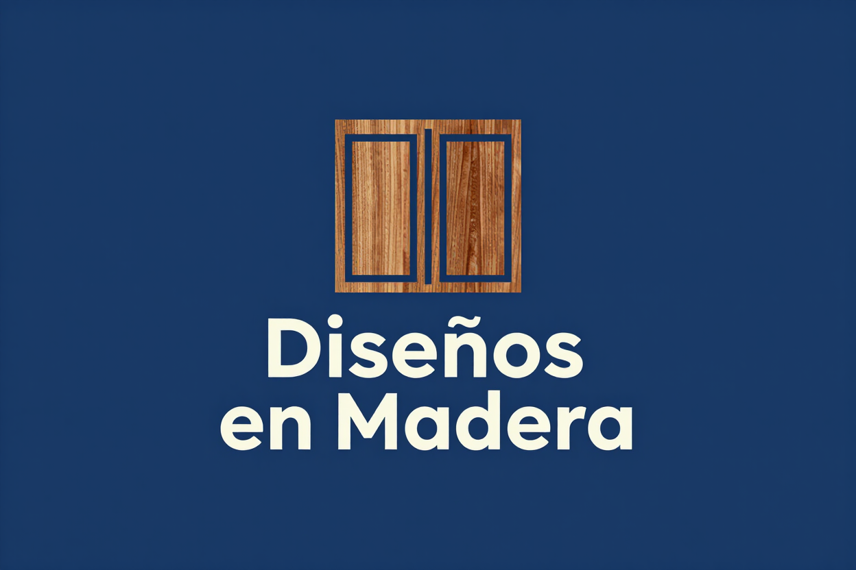 Logo de Diseños en Madera sobre fondo azul, con icono de puertas de madera.