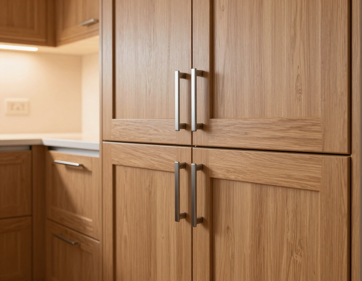 Armarios de cocina de madera con tiradores de metal cepillado junto a una encimera clara.