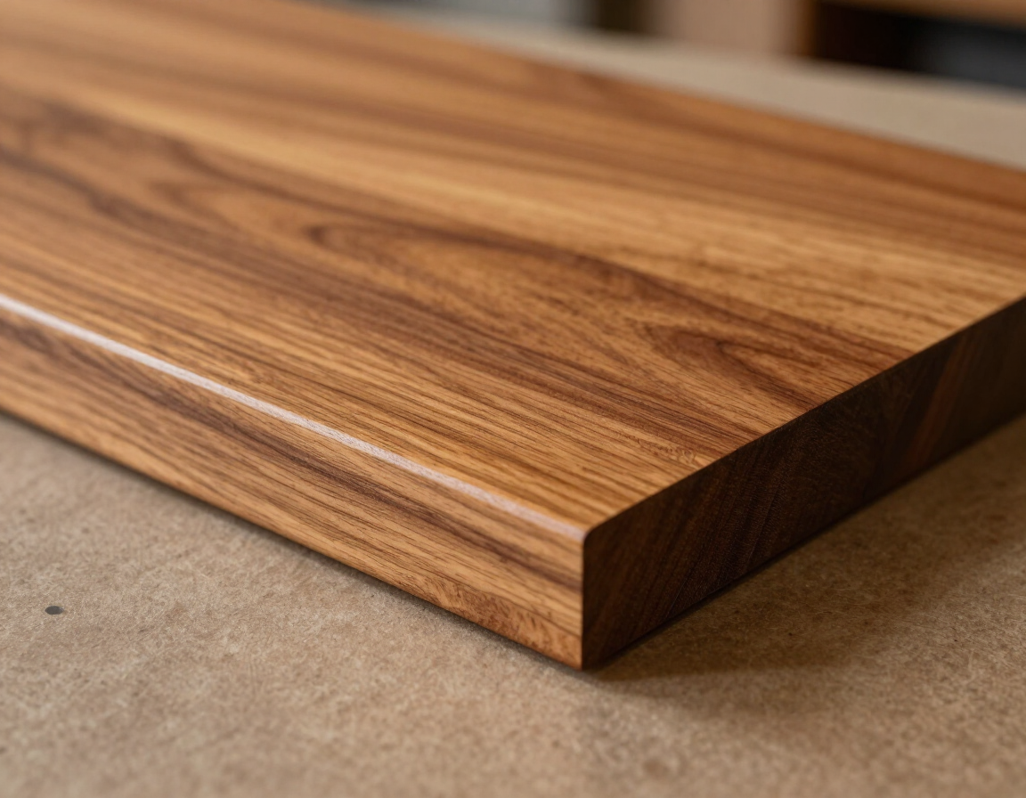Primer plano de una tabla con vetas de madera y borde biselado sobre una superficie beige.