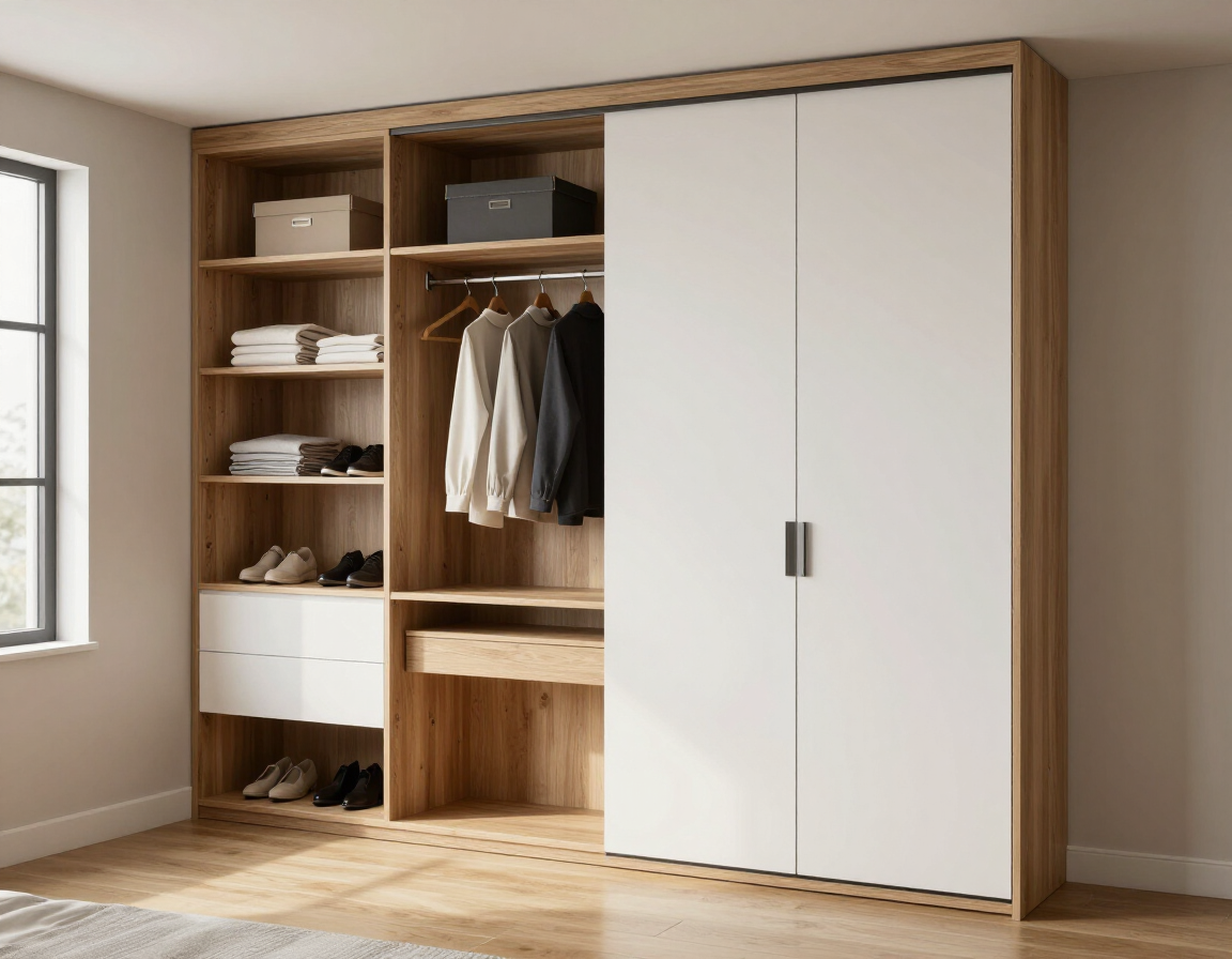 Armario de madera con estantes, cajones y puertas correderas blancas en una habitación luminosa.