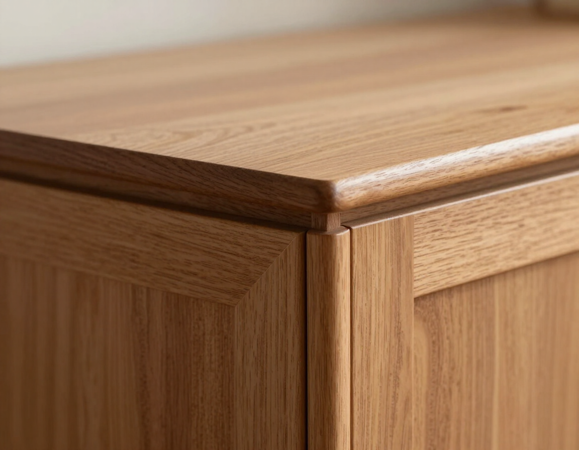 Primer plano de la esquina de un mueble de madera con un borde superior liso y biselado.