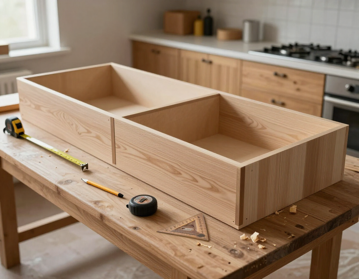 Cajón de madera de dos compartimentos sobre un banco de trabajo en una cocina, con herramientas de medición cerca.