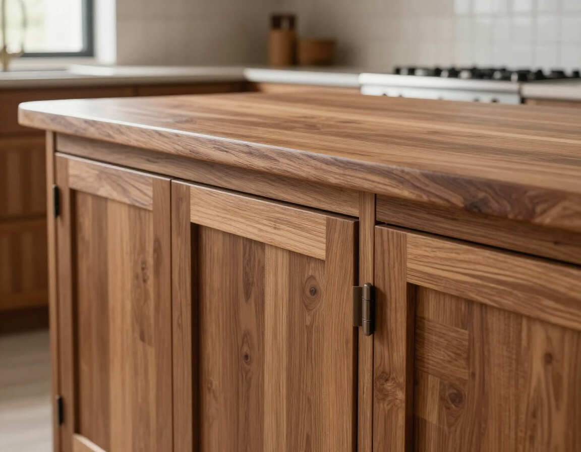 Isla de cocina de madera con puertas de armario paneladas y encimera de madera clara, en una cocina moderna.