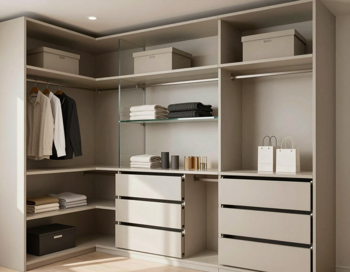 Organizador de armario empotrado con perchas, estantes, cajones y cajas de almacenamiento en una habitación de color beige.
