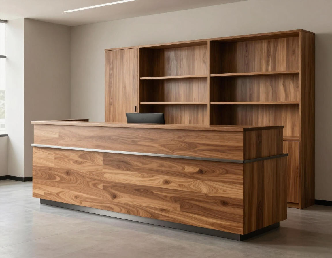 Mostrador de recepción moderno de madera con estantes en un vestíbulo minimalista.