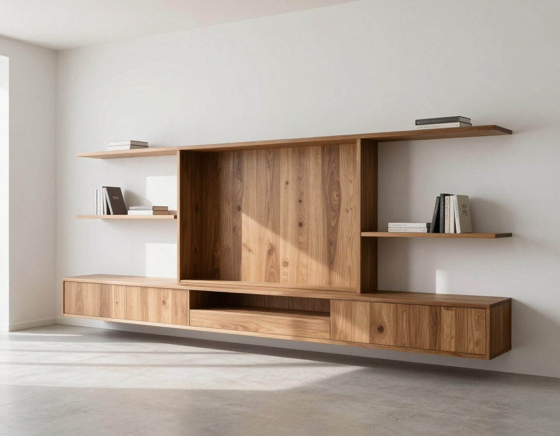 Mueble de pared minimalista de madera con estantes y espacio central para la televisión en una habitación luminosa.