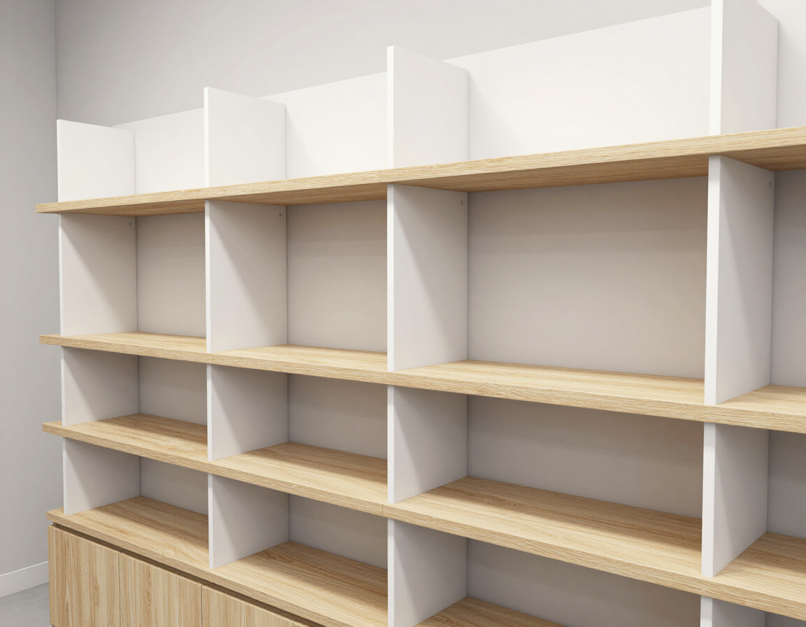 Estanterías comerciales blancas y de madera con compartimentos vacíos y estantes de exhibición de madera.