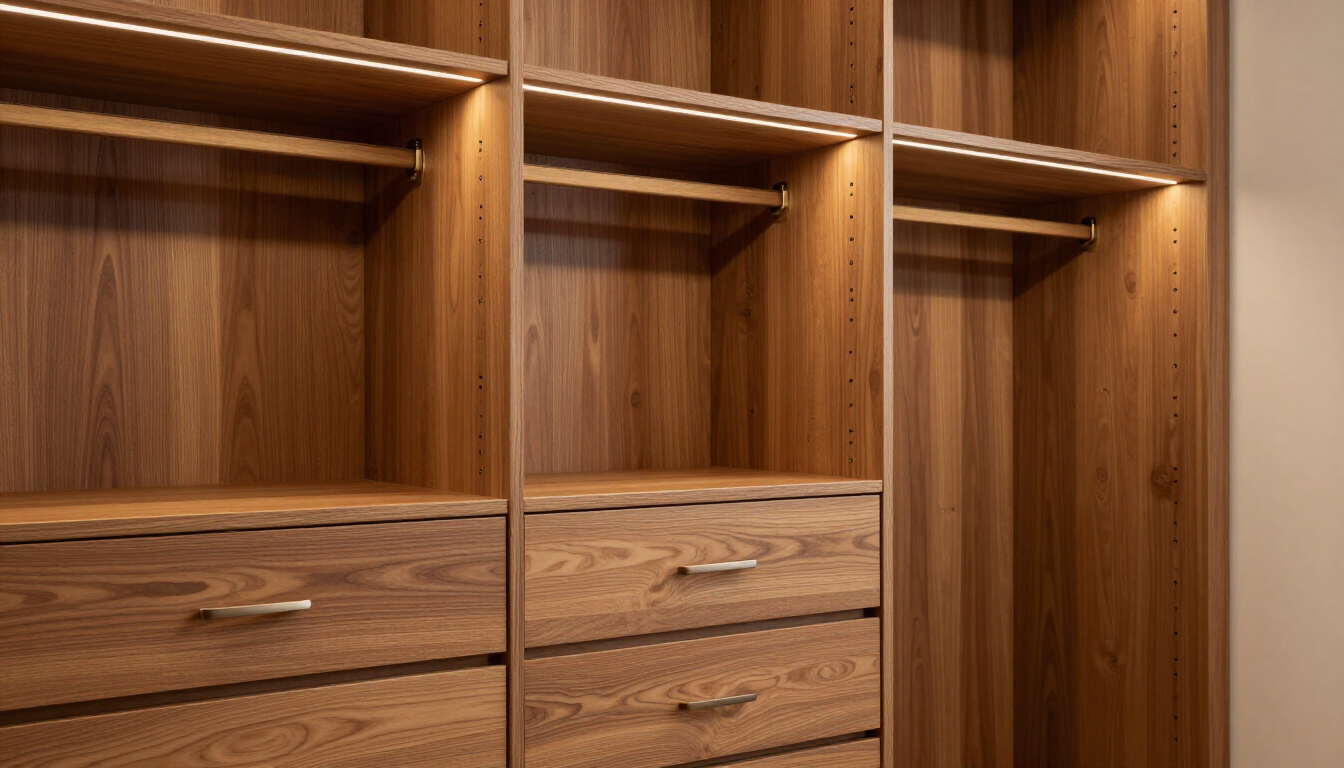Armario empotrado de madera con estantes abiertos, cajones y espacio para colgar ropa en una habitación de tonos cálidos.