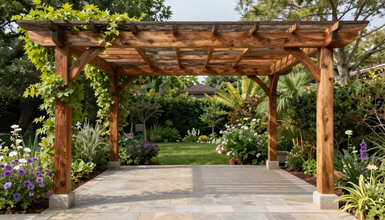 Pérgola de madera sobre un patio de piedra, enmarcada por exuberante vegetación y flores moradas.
