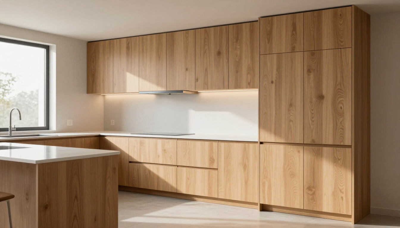 Cocina moderna con gabinetes de madera, salpicadero blanco y abundante luz natural que entra por una ventana.