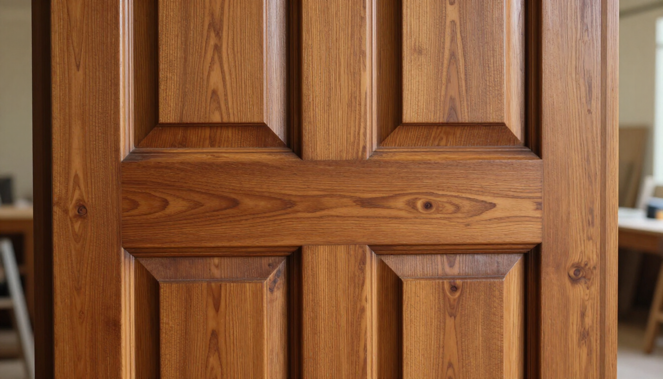 Primer plano de una puerta interior de madera con paneles y tinte marrón cálido.