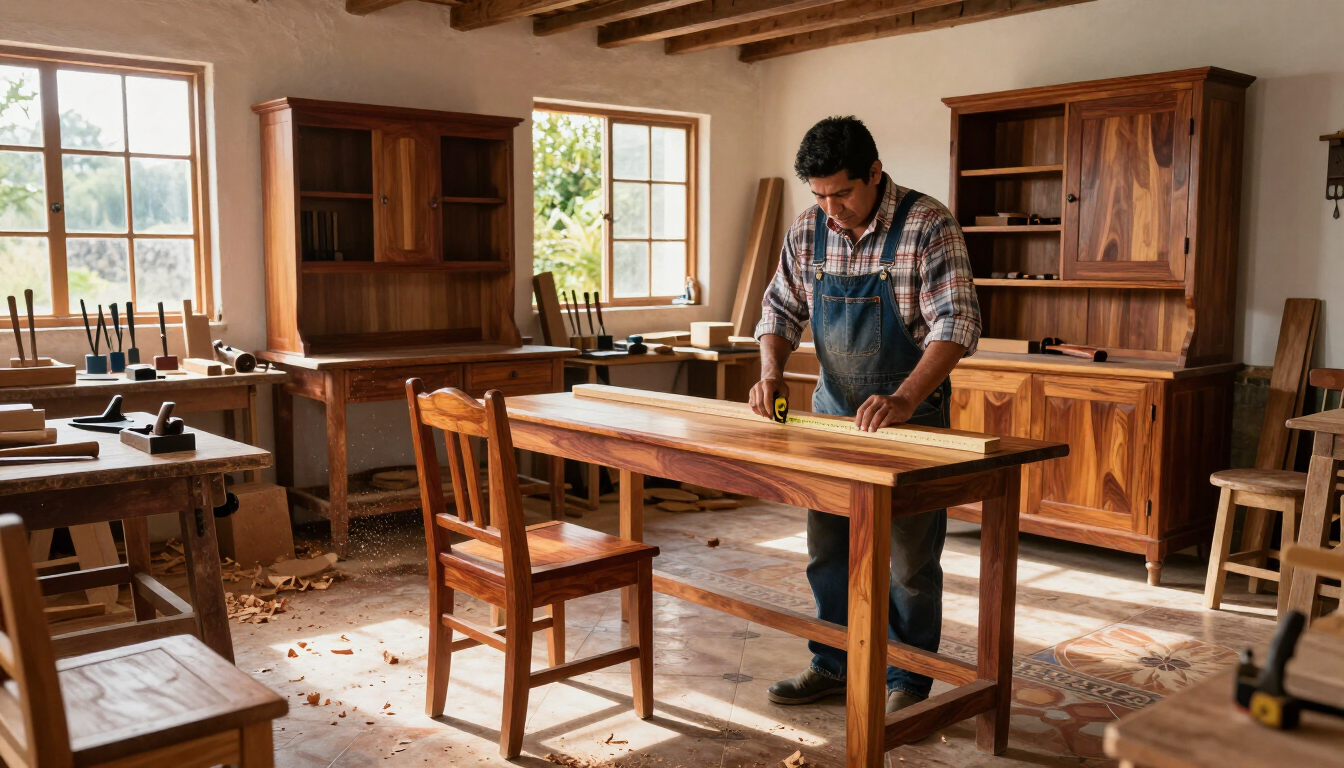 Un carpintero lija una mesa en un taller luminoso y rústico con muebles y estantes de madera.