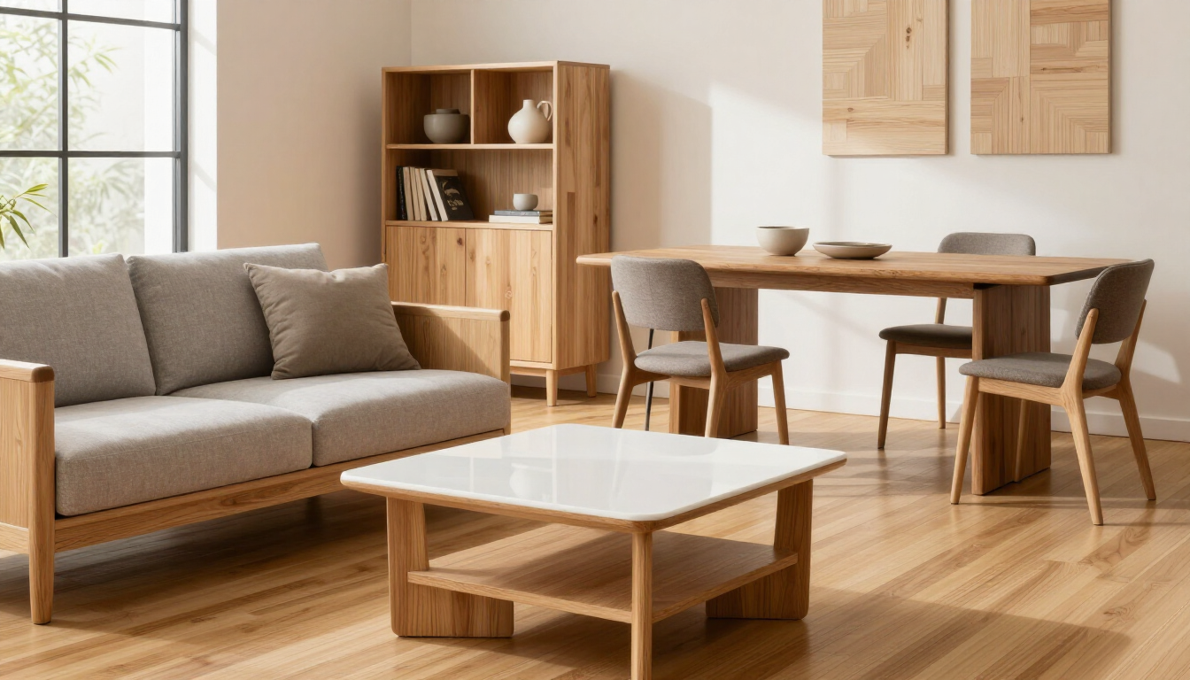 Luminoso salón-comedor moderno con sofá gris, mesa de madera, sillas, estantería y mesa de centro.
