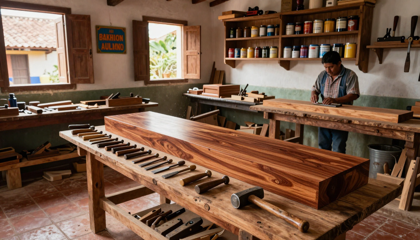 Taller de carpintería con un hombre cepillando una larga mesa de madera entre herramientas y estantes.