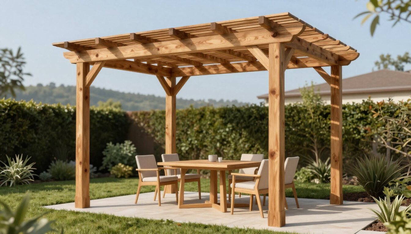 Pérgola de madera con mesa redonda y sillas en un patio, rodeado de arbustos y árboles cuidadosamente ajardinados.