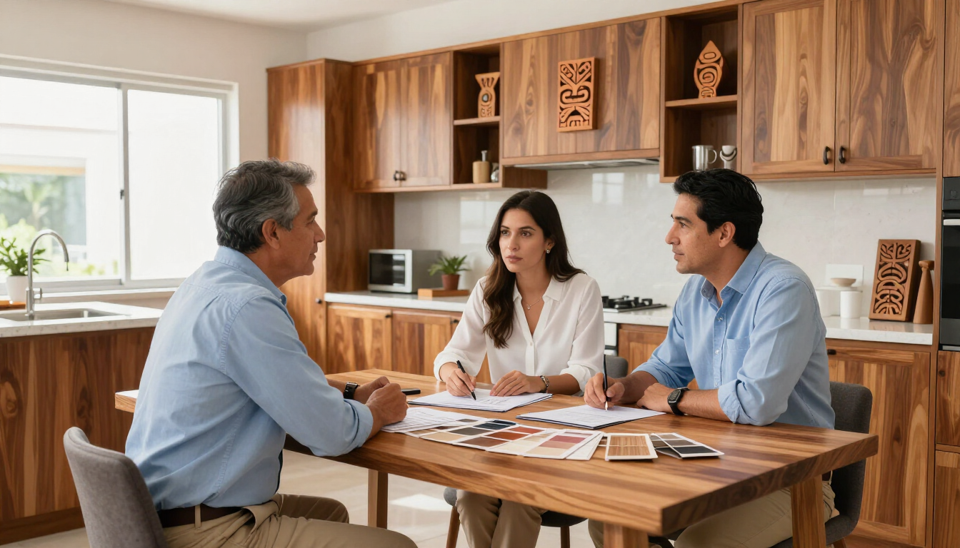 Tres personas discutiendo documentos en una mesa de cocina de madera en una habitación luminosa.