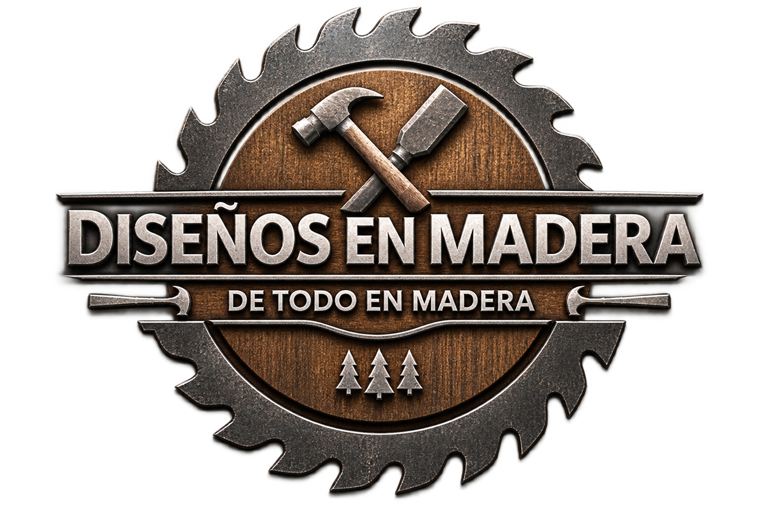 Logo circular de sierra con herramientas y texto “Diseños en madera” sobre fondo café