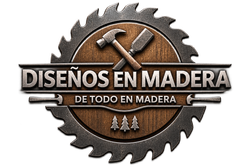 Logo circular de sierra con herramientas y texto “Diseños en madera” sobre fondo café