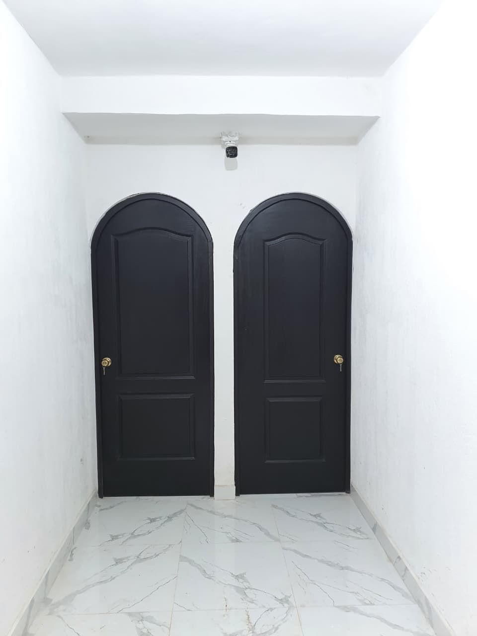 Pasillo estrecho de color blanco con dos puertas arqueadas negras y suelo con estampado de mármol.