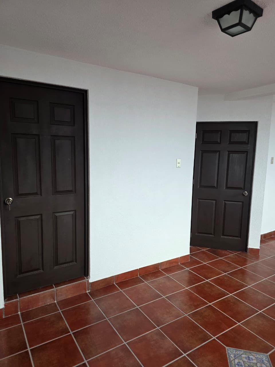 Pasillo vacío con dos puertas de color marrón oscuro, paredes blancas, suelo de baldosas rojas y una lámpara de techo.