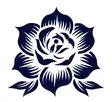 Navy blue floral emblem with a stylized rose centered among layered petals