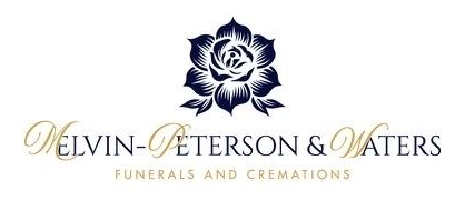 Melvin-Peterson & Waters funeral and cremation logo with navy floral emblem