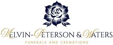Melvin-Peterson & Waters funeral and cremation logo with navy floral emblem