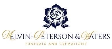 Delvin-Peterson & Waters funerals and cremations logo with navy floral emblem and gold text