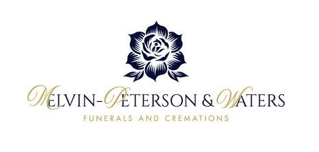 Melvin-Peterson & Waters funeral and cremation logo with navy floral emblem