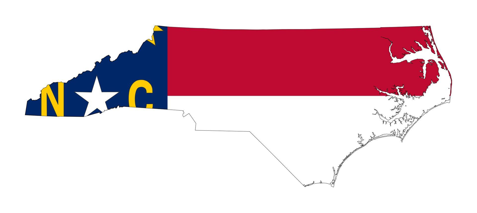 North Carolina state outline filled with blue, red, and white flag design and stars