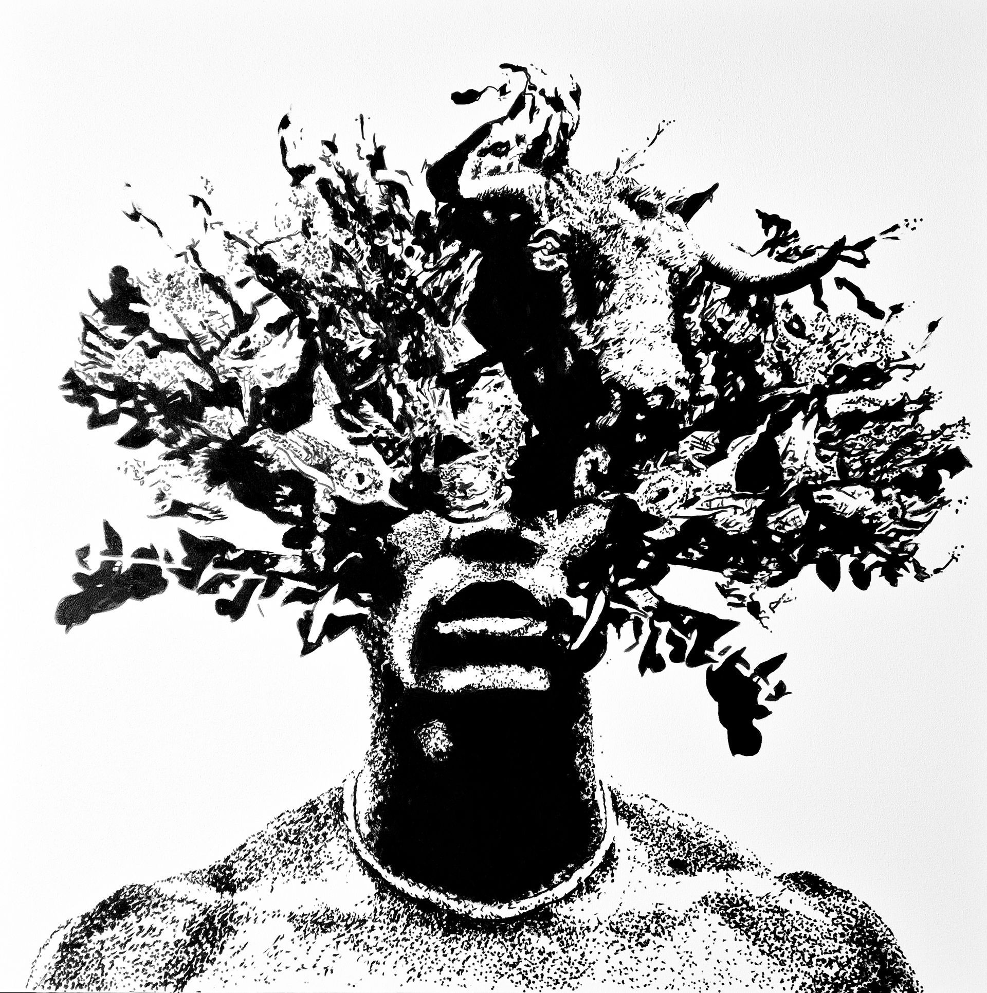 Black and white illustration of a person with leaves and antlers covering their head, torso visible.