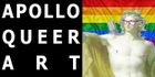 Apollo statue wearing glasses in front of a rainbow flag, text reads