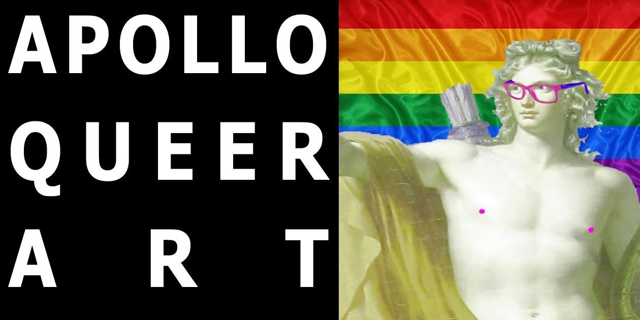 Apollo statue wearing glasses in front of a rainbow flag, text reads 