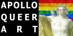 Apollo statue wearing glasses in front of a rainbow flag, text reads