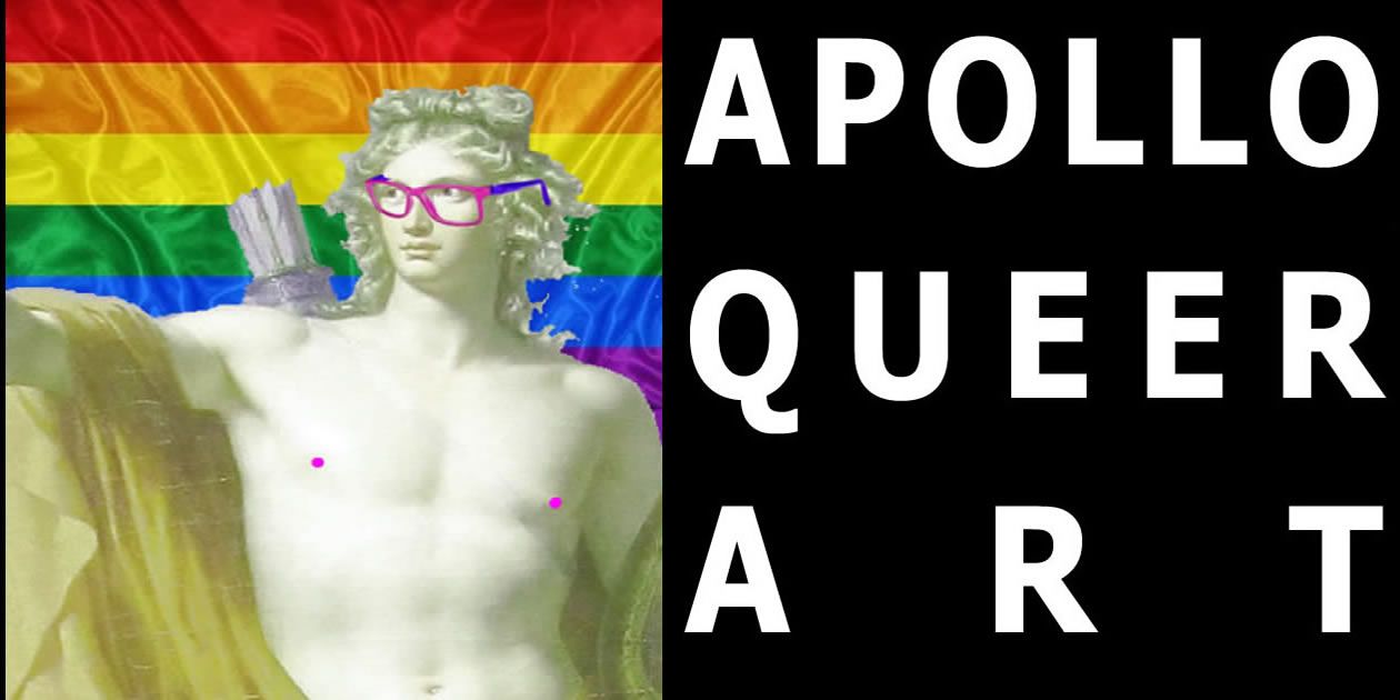 Statue of Apollo wearing glasses with rainbow flag background. Text reads