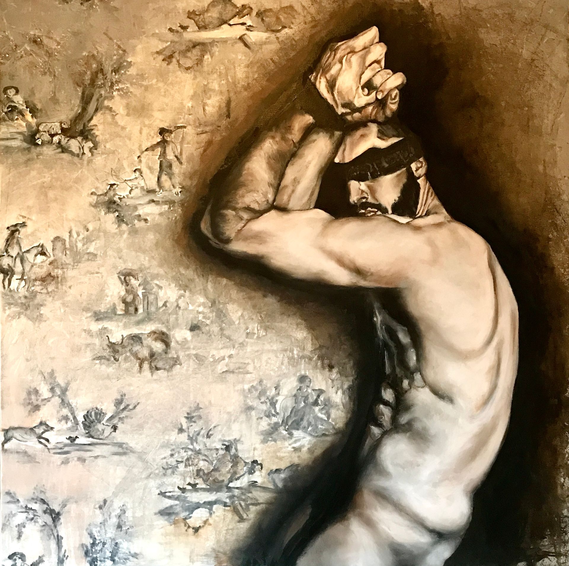Nude man with a blindfold flexing, against a patterned backdrop of pastoral scenes.