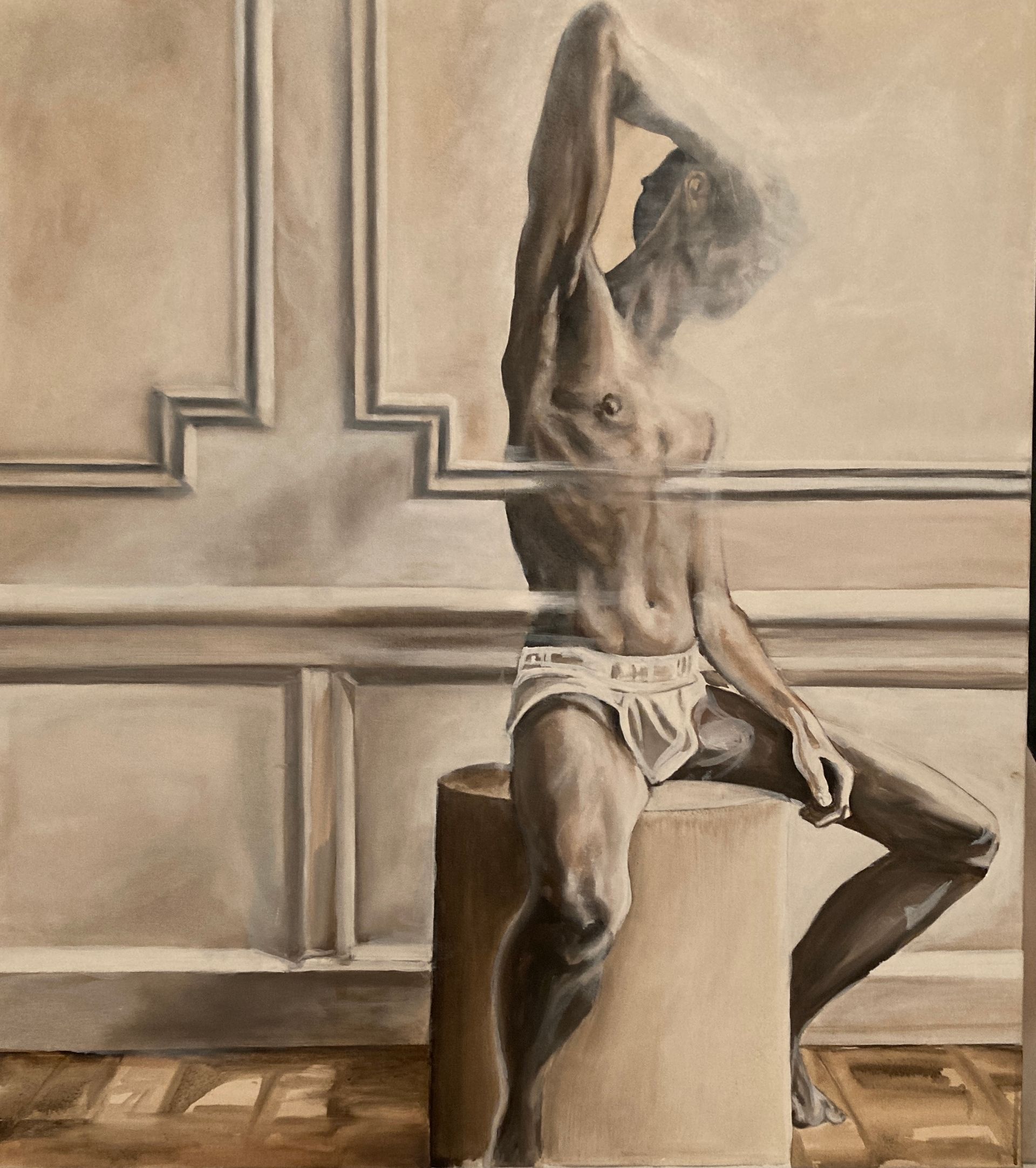 A male figure in white briefs sits on a pedestal. He's in a room with ornate wall panels.