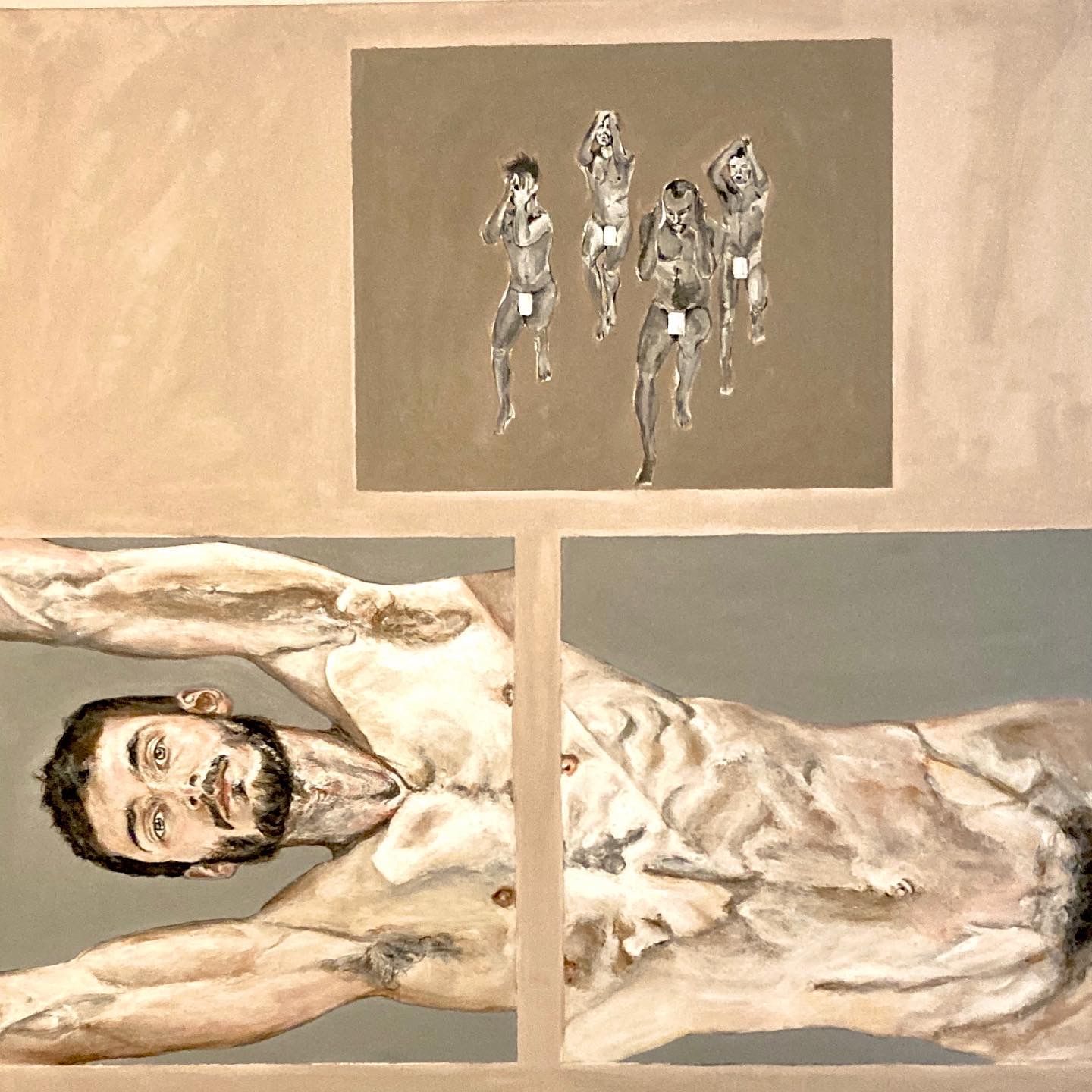 Man's torso and face in the foreground; small figures above. Beige and gray tones.