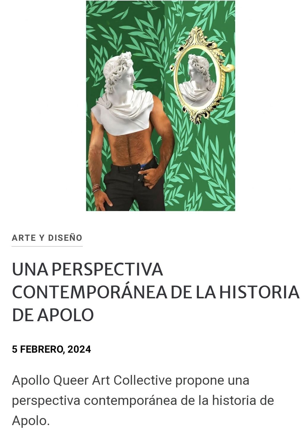 Man wearing a bust of Apollo, facing a mirror. 