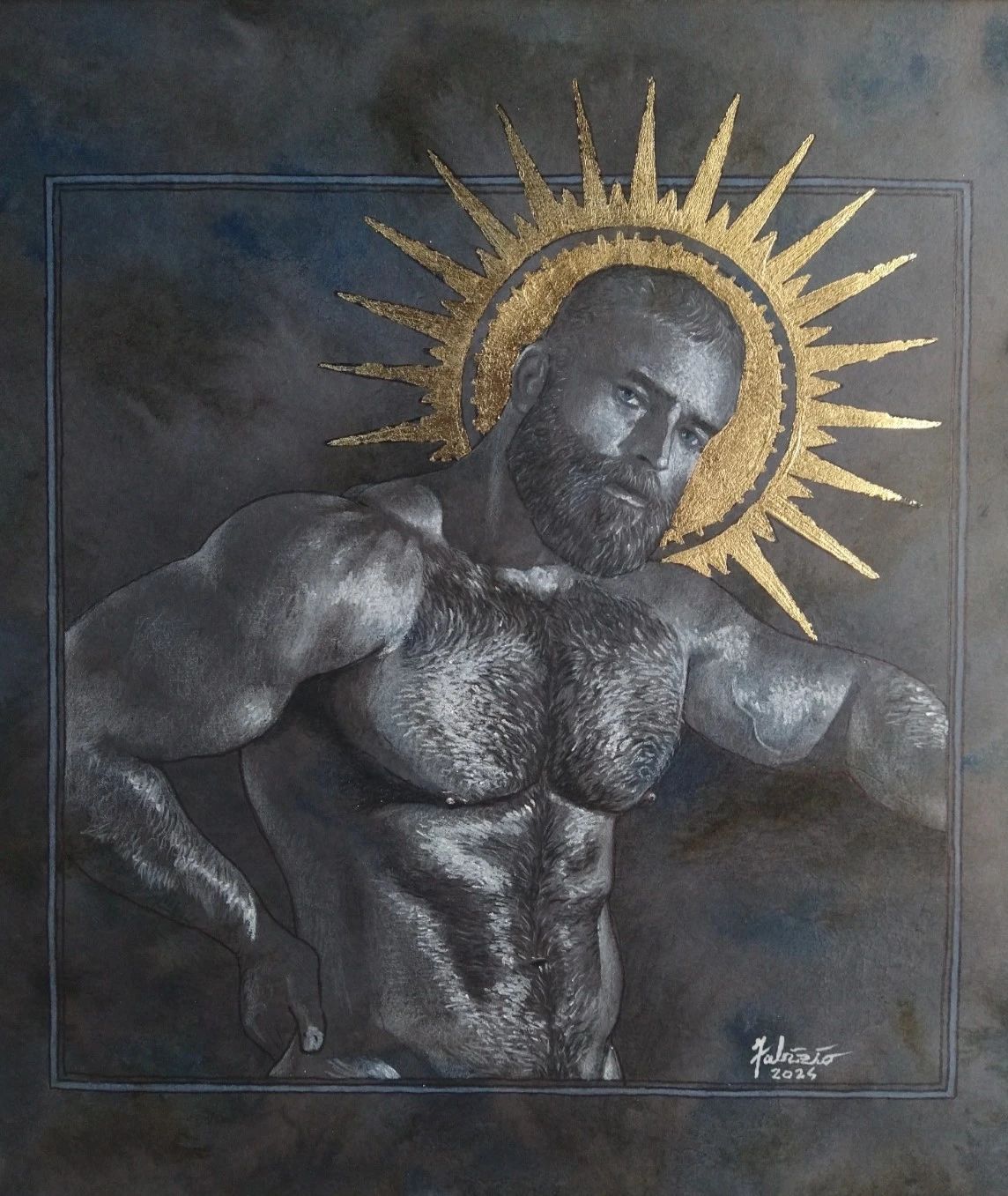 Muscular Black man with gold halo; dramatic lighting.
