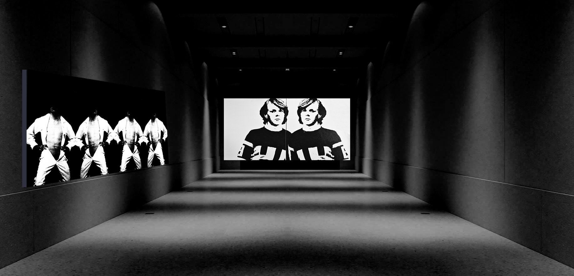 Gallery with monochrome art on display: karate figures and a pair of children.by Garbade