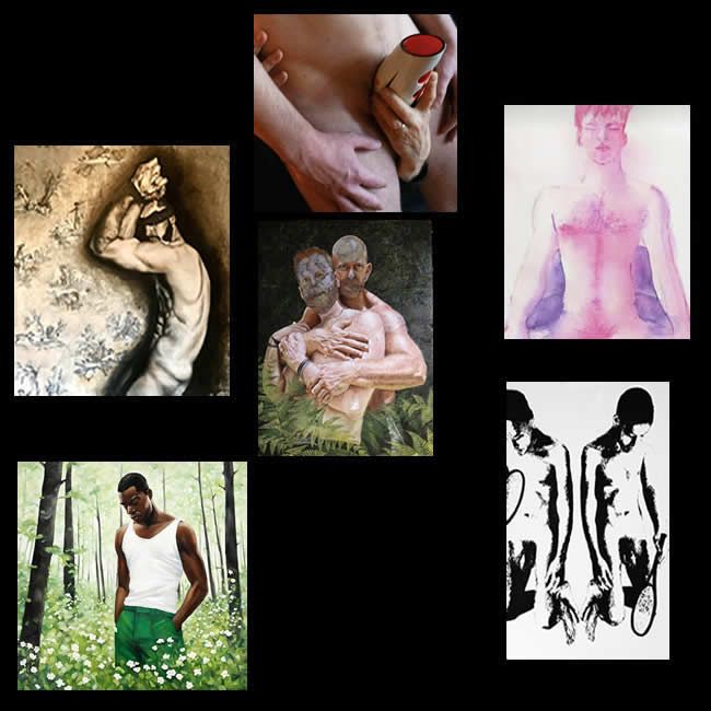 Collage of artworks featuring male figures: sculptures, paintings, and a photograph.
