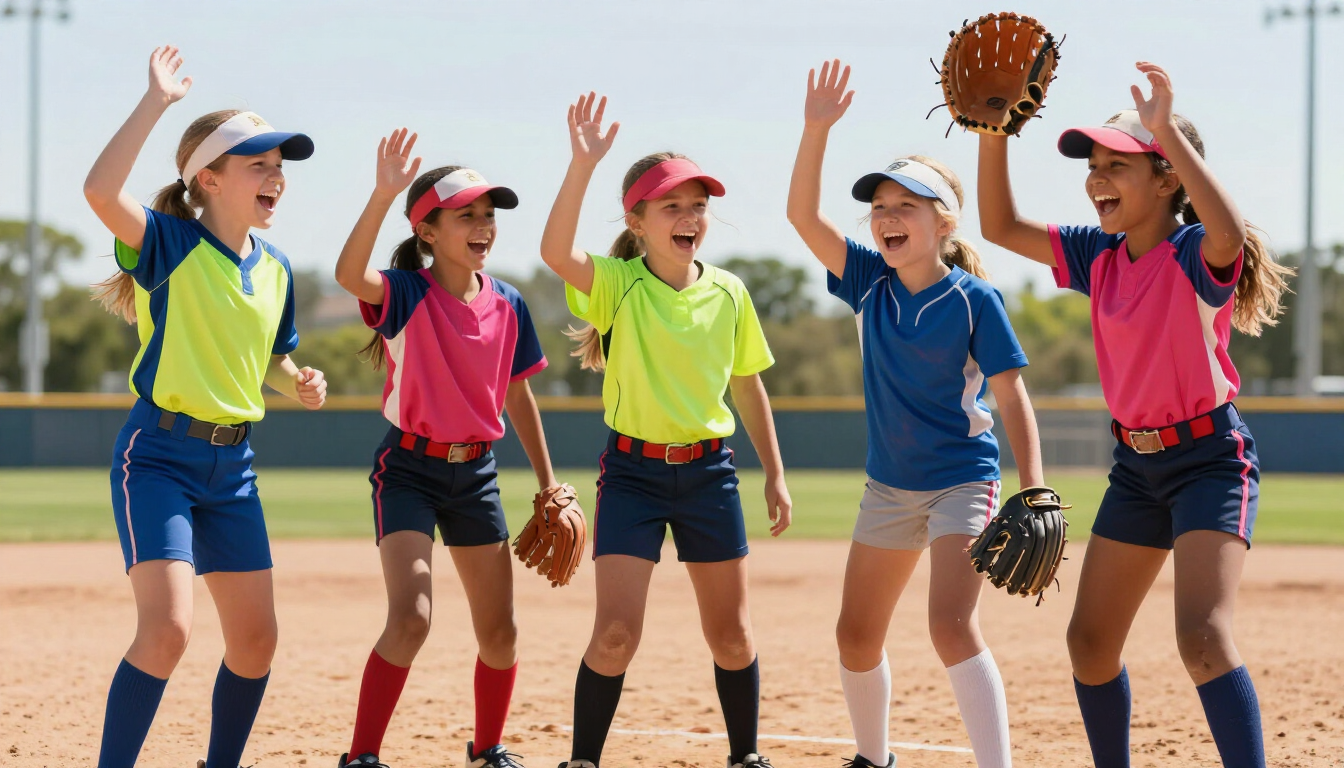 Youth softball players celebrating on the field in Austell, GA.