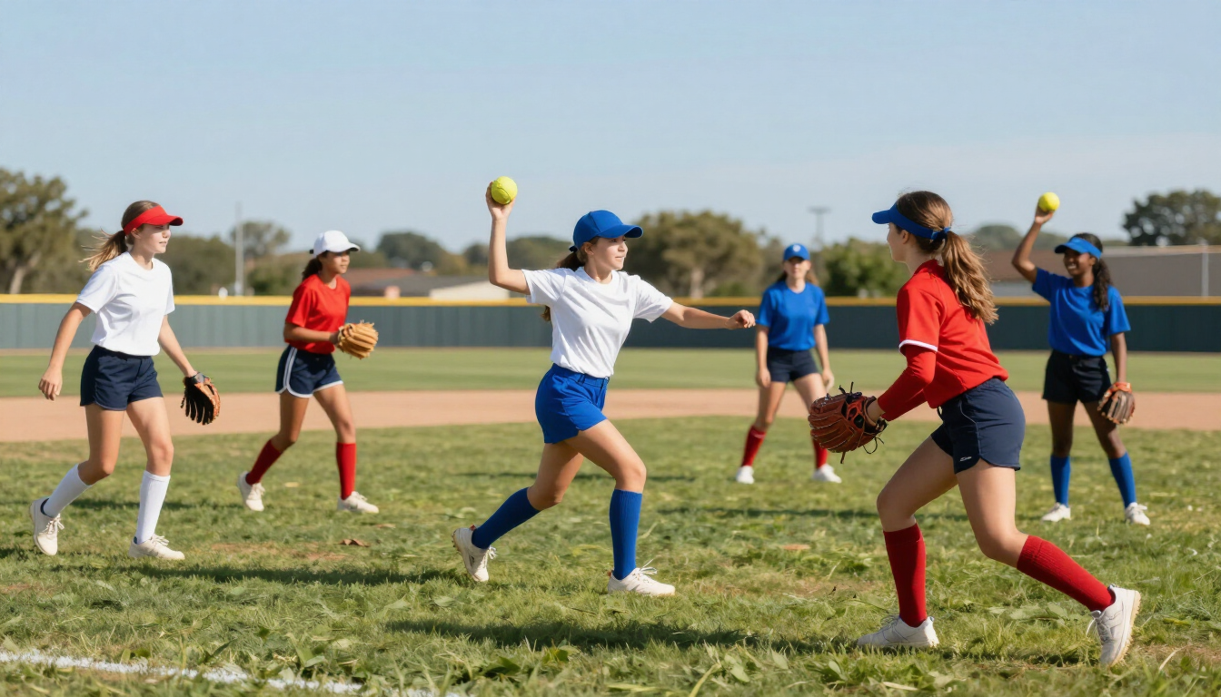 Softball and glove on a green field with stadium lights in the background